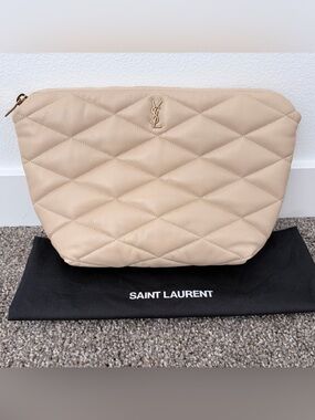 Saint Laurent Quilted Beige Cosmetic Pouch with Gold YSL Emblem. NWOT.